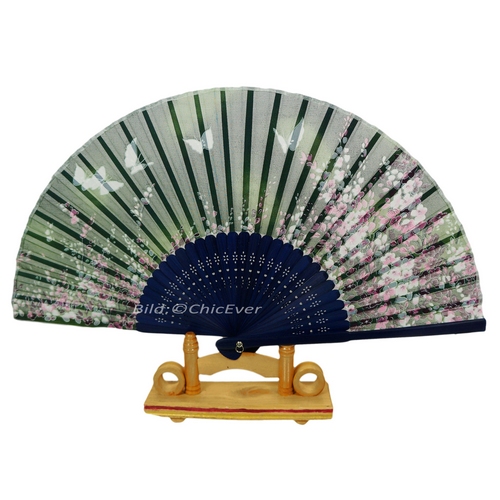 Fächer Handfächer aus Bambus & Leinen grün blau weiß rosa Blumen Schmetterlinge Handarbeit 6797a - zum Schließen ins Bild klicken